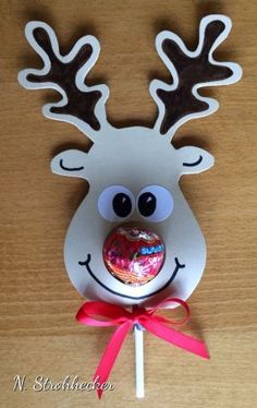 a candy lollipop decorated like a reindeer