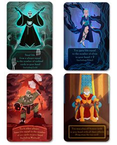 four coasters with cartoon characters in different styles and colors, each featuring an image of a wizard