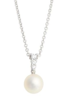 Drops of glistening diamonds descend to an elegant Akoya cultured pearl in an understated necklace handcrafted in 18-karat white gold. Style Name:Mikimoto 'Morning Dew' Akoya Cultured Pearl & Diamond Pendant Necklace. Style Number: 340870. Available in stores. Elegant Pendant Drop Necklace With Brilliant Cut, Classic White Gold Drop Bridal Necklace, Classic Formal Drop Necklace With Diamond Accents, White Gold Pearl Pendant Necklace In Drop Shape, Elegant White Diamond Teardrop Pendant Necklace, Elegant White Teardrop Pendant Diamond Necklace, Elegant White Gold Drop Necklace, Formal Drop Pearl Necklace In White Gold, Elegant Sterling Silver Pearl Necklace With Teardrop Pendant