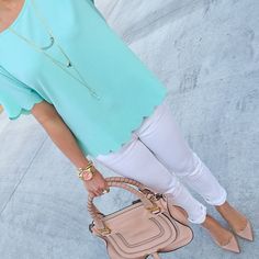 StylishPetite.com | Weekly Outfits and Winner of Ann Taylor Crystal Pearlized Statement Necklace Giveaway Scalloped Shirt, Stylish Petite, Weekly Outfits, White Pants, Spring Summer Outfits, Preppy Style, Passion For Fashion, Spring Summer Fashion, Pretty Outfits