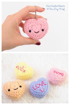 three crocheted hearts with faces on them are shown in different colors and sizes