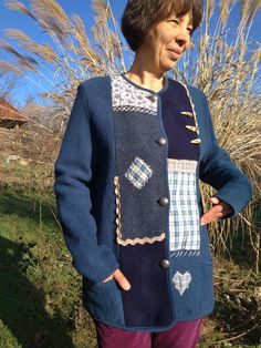 "Vintage Trachten style blue wool patchwork blazer decorated with horn and metal buttons. Warm Alpine style front buttoned cardigan with pockets. M size. 100% virgin wool. From shoulder to shoulder 17\"43cm Bust 41\"104cm Sleeve length 26\"66cm Length 30\"76cm" Blue Wool Cardigan For Fall, Blue Wool Blazer For Winter, Blue Wool Winter Blazer, Winter Wool Blue Blazer, Blue Wool Winter Cardigan, Blue Wool Blazer With Button Closure, Blue Wool Cardigan For Winter, Blue Patchwork Blazer For Fall, Fall Patchwork Blue Blazer