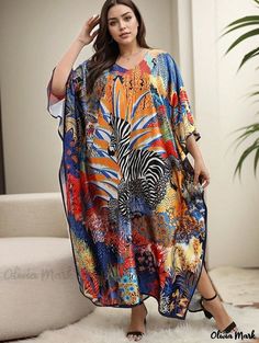 Olivia Mark - Womens Plus Size Boho Cover-Up Dress with Zebra & Floral Print, V-Neck, Bat Sleeves, and Slight Stretch Plus Size Cover Up, Summer Prints Fashion, Bat Sleeves, Plus Size Robes, Plus Size Boho, Zebra Dress, Silk Kaftan, Bat Sleeve, Beach Maxi Dress