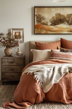 a bed with an orange comforter and pillows in front of a painting on the wall