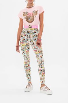 LEGGINGS A TRIP DOWN THE COMIC STRIP Disney Inspired Fashion, Jumpsuit Jacket, Mens Boardshorts, Mickey And Minnie, Fitted Silhouette, Skirt Leggings, Comic Strip, Leggings Shop, Playsuit Jumpsuit