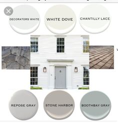 some white paint colors and their names on the front of a house with different windows