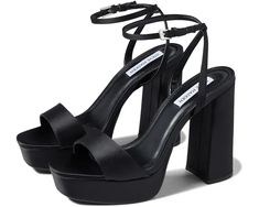 Steve Madden Lessa Sandal | Zappos.com Elegant Platform Sandals With Synthetic Material, Sleek Platform Sandals With Ankle Strap, Sleek Sandals With Platform And Ankle Strap, Dream Clothes, Black Satin, Product Reviews, Platform Sandals, Black Sandals, Steve Madden