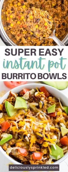 an easy instant pot burrito bowl recipe with text overlay