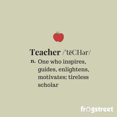 an apple with the words teacher / eclair n one who inspires guides, enlightens, notivates