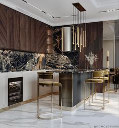 a modern kitchen with marble counter tops and bar stools, along with an open fireplace