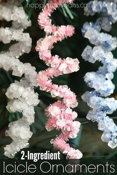 some pink and blue flowers with the words 2 ingredient ice ornaments