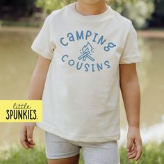 Vintage Camping Shirts for Kids, Camping Cousins Natural Toddler T-Shirt, Camping Graphic Tees (CAMPING COUSINS) PRODUCTION TIME Little Spunkies from the designer/owner of Spunky Pineapple Co https://www.etsy.com/shop/SpunkyPineappleCo   All baby and toddler clothes are 100% designed and printed with water based ink. All orders placed before 12:00 pm EST are shipped out same day (Monday - Friday). Orders received after noon are shipped out the next business day. ONESIES® BRAND Made from 100% Cot Summer Camping T-shirt With Crew Neck, Cotton T-shirt With Letter Print For Camping, Summer Camping Crew Neck T-shirt, Crew Neck Top For Camping, White Cotton T-shirt For Camping, Letter Print Crew Neck Top For Camping, Summer Camping Tops With Letter Print, Summer Camping Top With Letter Print, Cotton Graphic Tee For Camping