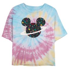 Who knew that dressing "mousey" could be so cute!? Celebrate Walt Disney's most iconic character with fun new officially licensed Mickey and Friends apparel for the whole family! This Juniors' Mickey and Friends Saturn Mousey Graphic Cropped T-Shirt features Mickey Mouse as Saturn adorned with colorful doodles across the front. Whether you're a super fan, or just looking for a unique 'fit for a trip to the Disney parks, these all-new styles are exactly what you've been looking for! Casual Multicolor T-shirt For Disney Trips, Multicolor Cotton T-shirt For Disney Trips, Disney Minnie Mouse Pink T-shirt, Multicolor Disney Crew Neck T-shirt, Disney Minnie Mouse Summer Tops, Multicolor Disney T-shirt For Summer, Cute Multicolor Mickey Mouse Tops, Playful Pink Top For Disney Fan Events, Disney T-shirt For Summer Fan Events