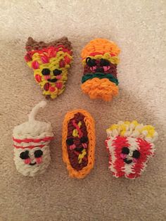 four crocheted food items laid out on the floor