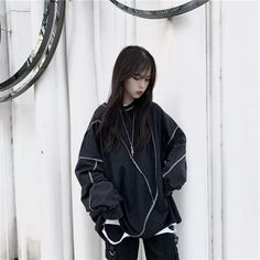 Darkwear Korean Style Sweatshirt Oversized Long Sleeve Urban Top, Urban Long Sleeve Sweater For Fall, Urban Oversized Long Sleeve Sweater, Urban Long Sleeve Sweatshirt For Fall, Oversized Urban Sweater With Long Sleeves, Spring Oversized Long Sleeve Hoodie, Urban Baggy Long Sleeve Tops, Urban Style Baggy Long Sleeve Tops, Urban Baggy Sweatshirt For Fall