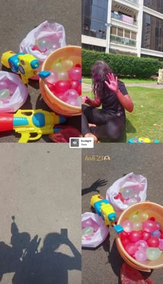 two pictures of a child playing with toys in the grass and on the ground, one has her hands up to her face