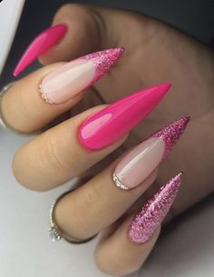 Stilleto Nails Designs, Nails With Glitter, Her Nails, Almond Acrylic Nails, Long Square Acrylic Nails, Pink Acrylic Nails, Fancy Nails, Chic Nails, Dope Nails