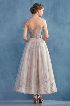 LAKE BIRDS EMBROIDERED TEA LENGTH DRESS. BACK ZIPPER CLOSURE. Model is 5'8" wearing a size 4 Gabriela Montez, Leo Style, Andrea And Leo, Subtle Embroidery, Unique Prom Dresses, Cocktail Gowns, Fly High, Tea Length Dresses, A Line Gown