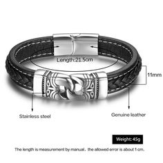 This Genuine Leather Bracelets is the perfect Men's Bracelet gift! The bracelet is carefully crafted out of high-quality stainless steel metal and leather that is perfectly safe to wear, feels great on the skin, and lasts for years. It looks classy and fashionable with the weave pattern and plate design. It can also be worn as an accessory to go with any type of outfit, regardless of the occasion. It looks similar to the watch wristband that nobody would suspect it is a bracelet. It makes a grea Adjustable Engraved Stainless Steel Braided Bracelets, Adjustable Silver Leather Bracelet With Stainless Steel Clasp, Metal Jewelry With Black Band For Gift, Silver Metal Bracelets With Leather Strap, Silver Bracelets With Leather Strap, Father's Day Adjustable Leather And Stainless Steel Bracelet, Father's Day Adjustable Leather Bracelet With Stainless Steel, Stainless Steel Braided Bracelet As Gift, Stainless Steel Braided Bracelets With Clasp As Gift