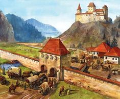 a painting of a castle with horses and carriages on the road next to it, surrounded by mountains