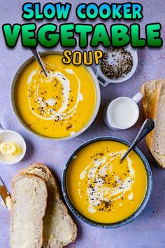 Two bowls of vegetable soup with a text overlay title. Slow Cooker Vegan Recipes, Slow Cooker Vegetable Soup, Vegetarian Soups, Veg Soup, Summer Soup, Healthy Vegetable Recipes