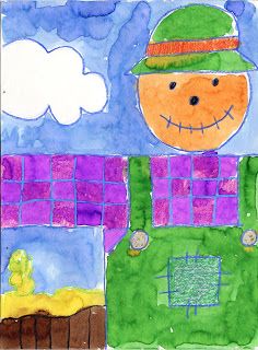 a child's drawing of a scarecrow in front of a blue sky with clouds