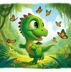 a green dinosaur in the jungle with butterflies flying around it's neck and mouth