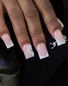 Gem Nails Acrylic, Cute Nails Baddie, Flower Nails Square, Square Nails French Tip, Nails Gel Extensions, Square French Tips, Square Nails French, Acrylic Nails Professional, White French Tip Nails