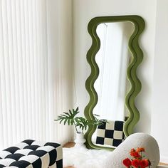 Zoe Velvet Mirror - Casa Di Lumo Funky Green Living Room, Squiggly Mirror Wall, Squiggly Mirror Amazon, Squiggle Frame Mirror, Cool Full Body Bedroom Mirror, Pond Mirror Frame, Full Body Squiggle Mirror, Mirror Squiggle Frame, Cool Body Mirror