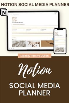 the motion social media planner is displayed on a tablet and phone, with text overlaying it