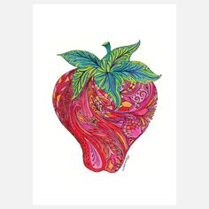 a drawing of a strawberry with colorful swirls on it's head and leaves