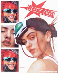 a woman with red hair and goggles on her head is featured in an advertisement for rosella