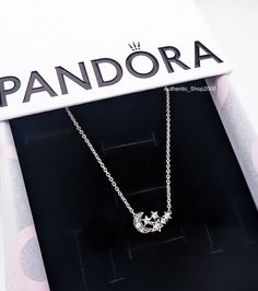 DESCRIPTION: STYLE:     Sparkling Moon & Star Collier Necklace COLOR:       Silver  SIZE:        45cm/17.7 " long ( Depth: 2.3 mm Height: 7 mm Width: 13.5 mm ) CONDITION:   brand new in retail condition. Guarantee Authentic PANDORA Brand  DETAILS: 925 ale sterling silver metal, Cubic Zirconia crystals, hand finished. -B Shine bright with the Sparkling Moon & Star Collier Necklace, featuring celestial motifs of the moon and glittering stars inspired by the magic of a night sky. This cubic zirconi Pandora Star Necklace, Pandora Necklace Ideas, Pandora Heart Necklace, Pandora Moon, Silver Things, Celestial Motifs, Pandora Jewelry Necklace, Pandora Star, Wishlist Christmas