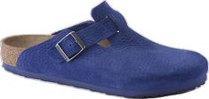 Blue Suede Slip-on Clogs, Blue Suede Clogs With Round Toe, Casual Blue Leather Clogs, Blue Leather Casual Clogs, Casual Blue Mules With Leather Footbed, Comfortable Blue Leather Clogs, Casual Slip-on Clogs With Suede Lining, Blue Leather Clogs With Leather Footbed, Blue Closed Toe Clogs With Leather Footbed