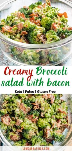 broccoli salad with bacon in a glass bowl