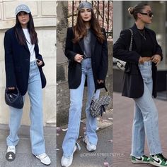 Blazer And Wide Jeans Outfit, Black Blazer Casual Outfit Street Style, Blue Jean Blazer Outfit, Navy Blue Blazer Outfit Women Casual, Outfit With Blazer And Jeans, Black Blazer Airport Outfit, Blue Long Pants Outfit, Long Black Denim Jacket Outfit, Everyday Blazer Outfits