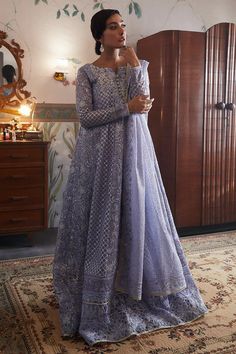 Luxury Lavender Embroidered Pakistani Wedding Dress in Pishwas Style Lehnga Pakistani, Maxi Frocks, Lavender Outfit, Pakistani Designer Clothes, Frock Style, Pakistani Wedding Dress, Frock Dress, Pakistani Wedding Dresses, Frock Design