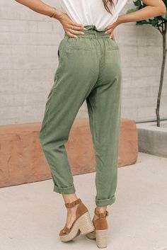 Green Paper Bag Elastic Waistband Casual Pants Fall Paperbag Waist Pants With Elastic Waistband, Fall Paperbag Waist Pants With Elastic Band, Casual Non-stretch Pants With Belt Loops, Spring Utility Pants With Elastic Waistband, Casual Pants With Elastic Paperbag Waist, Casual Pants With Paperbag Waist And Elastic Band, Casual Paperbag Waist Pants With Elastic Band, Casual Pants With Paperbag Waist And Elastic Waistband, Relaxed Fit Paperbag Waist Bottoms With Pockets