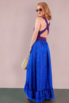 This bohemian hi low ruffle skirt is full of sway and flow. It's a graceful, romantic maxi skirt that's hits at the knee in the center front and drapes beautifully all the way around. A full twirling skirt, this can easily be paired with flats for a day at the beach, or paired with our infinity convertible tops for a more formal occasion. It's lightweight, easy to wash/dry and so easy to pack for all your vacations! Note: You will be stopped and admired when you wear this out! ► IG @ShopKulayan Blue Maxi Skirt For Festivals, Blue Ruffled Maxi Skirt, Blue Gathered Maxi Length Skirt, Bohemian Stretch Skirt For Vacation, Fitted Hippie Ruffled Maxi Skirt, Bohemian Tiered Purple Skirt, Bohemian Purple Tiered Skirt, Hippie Fitted Ruffled Maxi Skirt, Hippie Style Fitted Ruffled Maxi Skirt