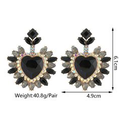 These Big Heart Halo Luxury Glass Formal Dangle Drop Statement Earrings boast a striking combination of vibrant crystal color and rhinestone inlay, creating an eye-catching heart design. The perfect addition to any formal outfit for an opulent and sophisticated look. Available in 5 different colors. Details Item Type: Fashion Earrings Metal Type: Zinc Alloy Material: Acrylic,Rhinestone Size: 6.1*4.9cm Back Finding: Push Back Valentine's Day Formal Crystal Earrings, Heart-shaped Crystal Earrings For Formal Occasions, Elegant Multicolor Earrings For Valentine's Day, Evening Crystal Heart Jewelry, Formal Heart-shaped Crystal Earrings, Evening Heart Shaped Crystal Jewelry, Evening Heart-shaped Crystal Jewelry, Heart-shaped Earrings With Sparkling Stones For Party, Elegant Heart Cut Crystal Earrings For Party