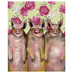 three little pigs standing next to each other in front of pink flowers on a green background