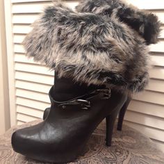 Sexy Fur Cuffed Boots Chic Ankle Strap Boots For Winter, Edgy Closed Toe Heeled Boots For Winter, Edgy Winter Heeled Boots With Closed Toe, Chic Winter Boots With Faux Fur Trim, Winter Closed Toe Heeled Boots For Night Out, Winter Night Out Heeled Boots With Closed Toe, Chic Boots With Faux Fur Trim And Round Toe, Winter Heeled Boots For Night Out With Closed Toe, Edgy High Heel Winter Booties