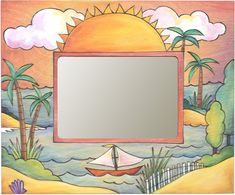 a painting with a boat and palm trees in the background