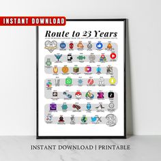 a white poster with the words route to 23 years on it and an image of various icons