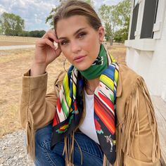 The Jack, a 100% Satin Silk wild rag, was designed using a beautiful, bright serape pattern and our favorite Jack @ss takes center stage! Great colors for any outfit and looks even better when the scarf is tied around your neck! Perfect with a denim shirt or a dressy black jacket! SIZE: 26" x 26" (The Shorty) and 35"x35" (The Long Tall) FABRIC: 100% 12mm Satin Silk Scarf COLOR: Black border with all the bright primary colors we love! CARE SUGGESTION: Dry clean preferred. Iron on silk setting or Multicolor Silk Scarf For Winter, Casual Multicolor Scarves, Casual Multicolor Silk Scarf For Fall, Casual Multicolor Scarf, One Size, Casual Silk Scarf For Fall, Chic Multicolor Scarves For Fall, Chic Multicolor Fall Scarves, Trendy Multicolor One-size Silk Scarf, Serape Pattern