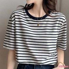 Qteee - Chic Colorblock Stripe Relaxed Fit T-Shirt with Round Collar Casual Tops With Contrast Color And Crew Neck, Casual Crew Neck Top With Contrast Color, Trendy White T-shirt With Contrast Stripes, Casual Striped Top With Contrast Color, Casual Striped Top With Contrast Colors, Striped Color Block Cotton T-shirt, Casual Black Color Block T-shirt, Black Short Sleeve Tops With Contrast Color, Casual Black Color Block Tops