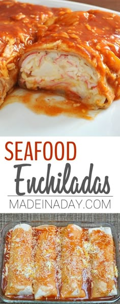 an image of seafood enchiladas with sauce on top and in the bottom