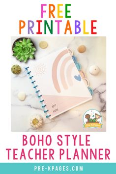 the free printable boho style teacher planner is on top of a marble table