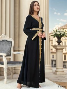 Eromis - Kaftan Maxi Dress with Lace Trim and V-Neck Design, Sophisticated Long Sleeve Style for Women Formal Festive V-neck Kaftan, Festive V-neck Kaftan, Elegant V-neck Wedding Abaya, Fitted V-neck Party Kaftan, Formal V-neck Dress For Eid, Elegant V-neck Formal Abaya, Elegant V-neck Party Abaya, Fitted V-neck Kaftan For Evening Wear, Elegant V-neck Kaftan For Parties