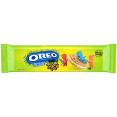 an orange and green bar with the word oreo on it's wrapper